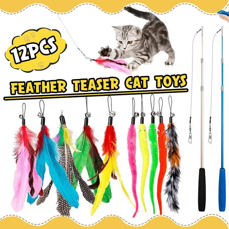 12PCS Kitten Cat Feather Toy Bell Wand Kitty Rescue Squad